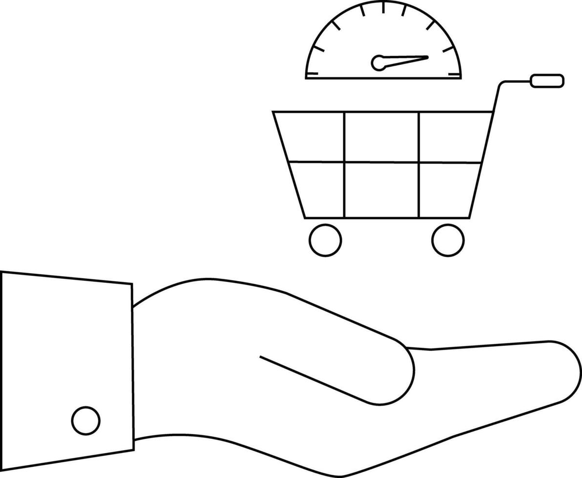A hand holding a shopping cart topped with a speedometer all depicted in a line art style vector