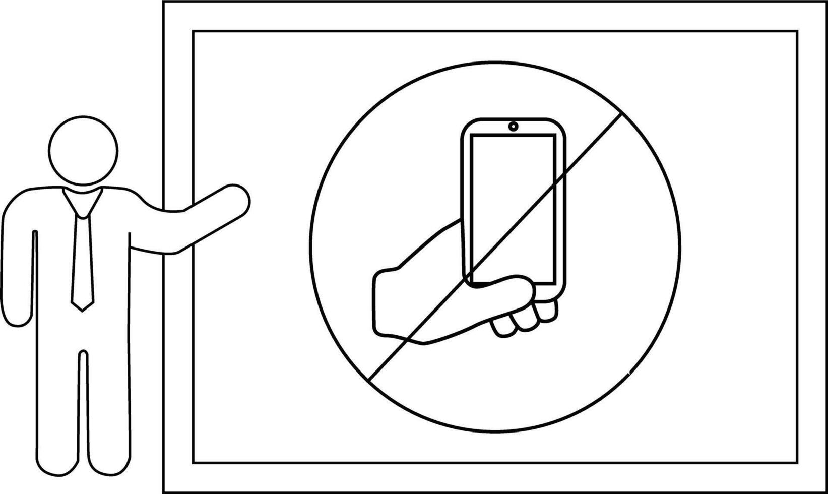 A stick figure points at a sign prohibiting cell phone use represented by a crossedout phone in hand vector