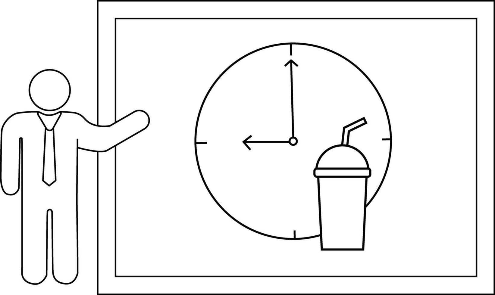 A figure stands by a board showing a clock reading 900 with a soda cup in front of it vector