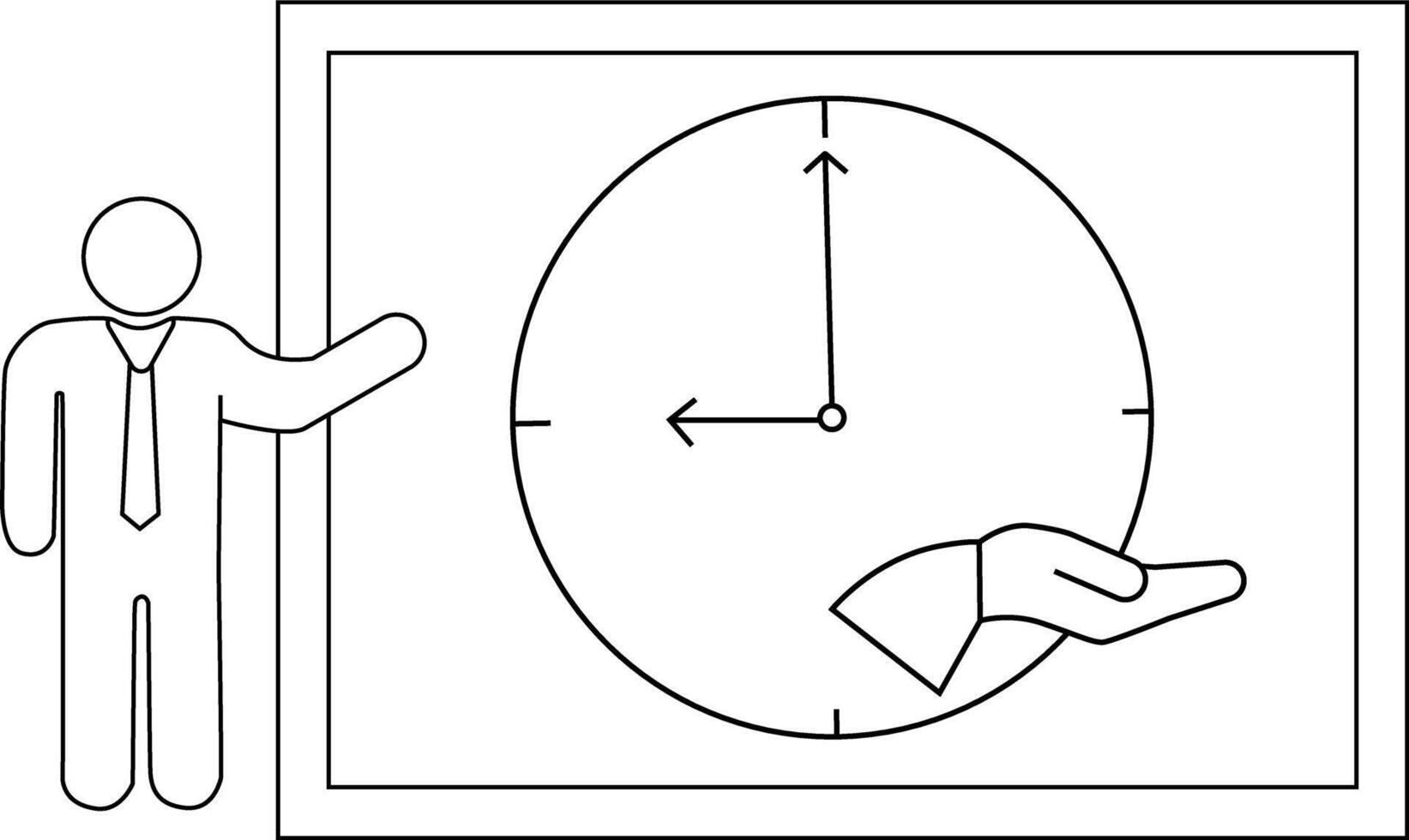 Drawing of person presenting clock face with hand supporting time vector