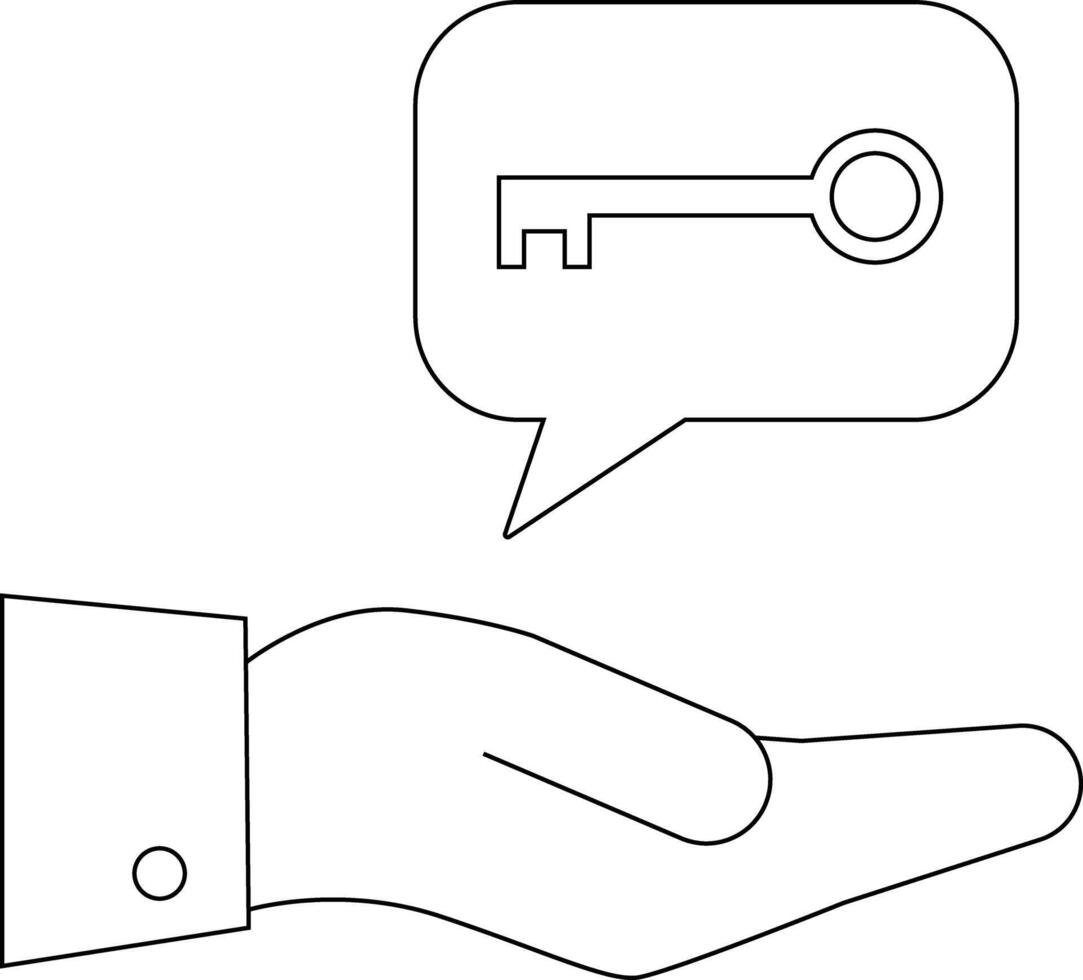 A line drawing shows a hand beneath a speech bubble with a key inside vector