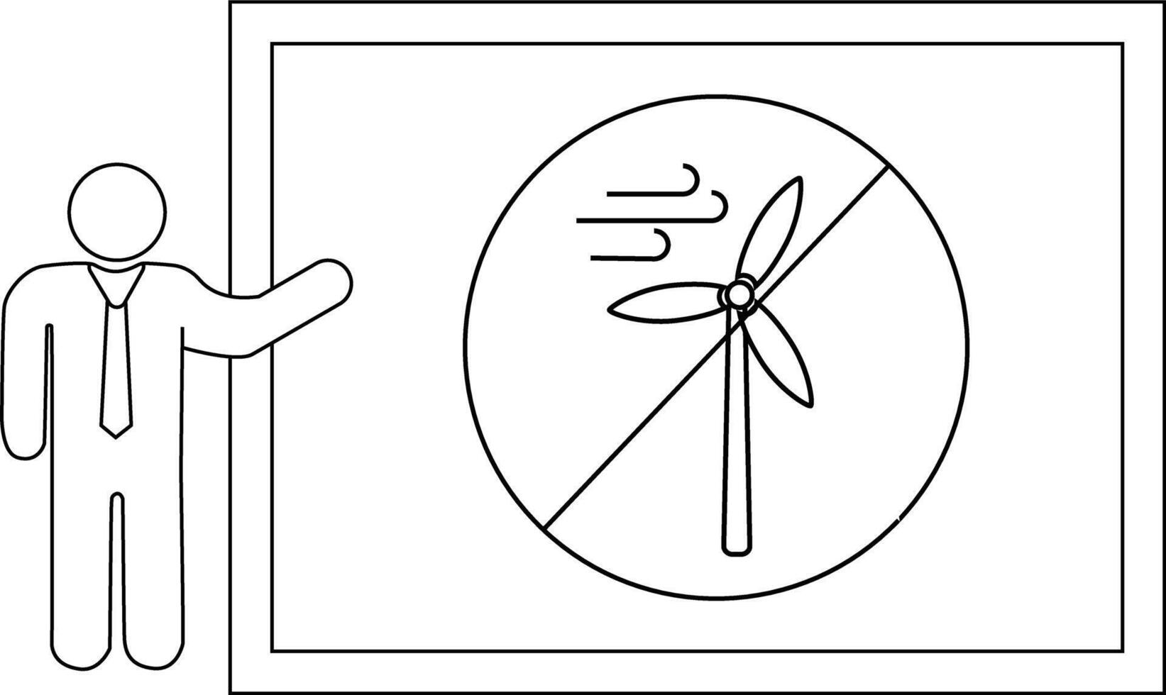 Line drawing of a person presenting a board with a wind turbine and wind speed symbol inside a crossedout circle vector