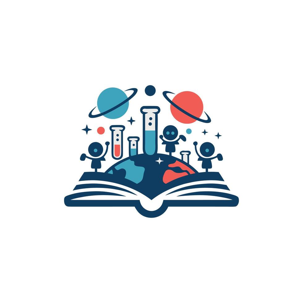 Cartoon science education illustration with open book globe children experimenting and space elements for global learning vector