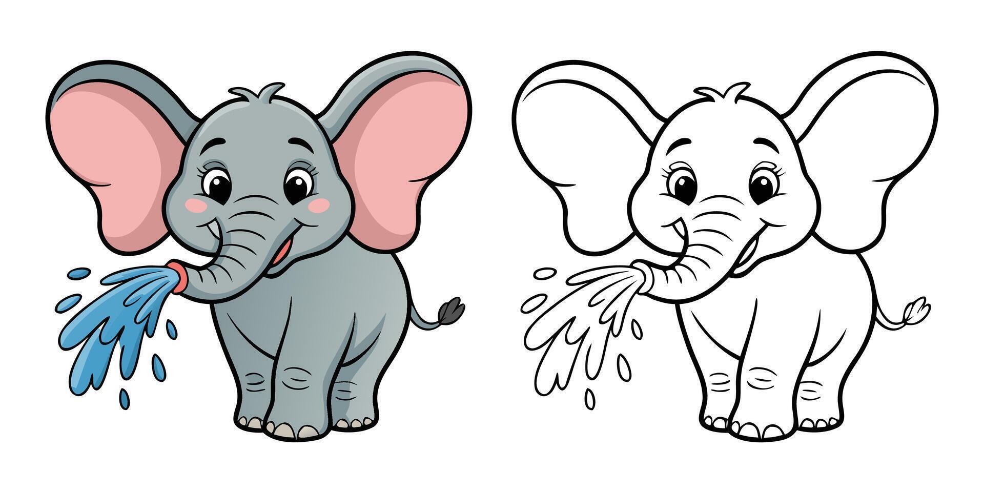Cartoon elephant with water spray in full color and outline version for kids coloring and learning design vector