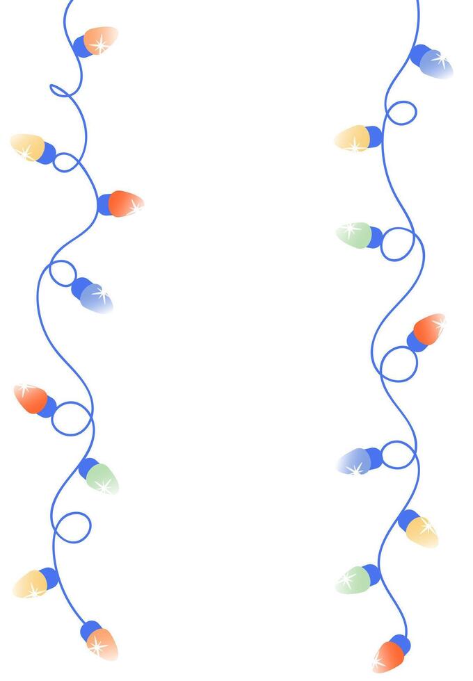 Christmas garland vertical strings with colorful lights on white background. Celebration template with empty space for text. Trendy stock illustration vector