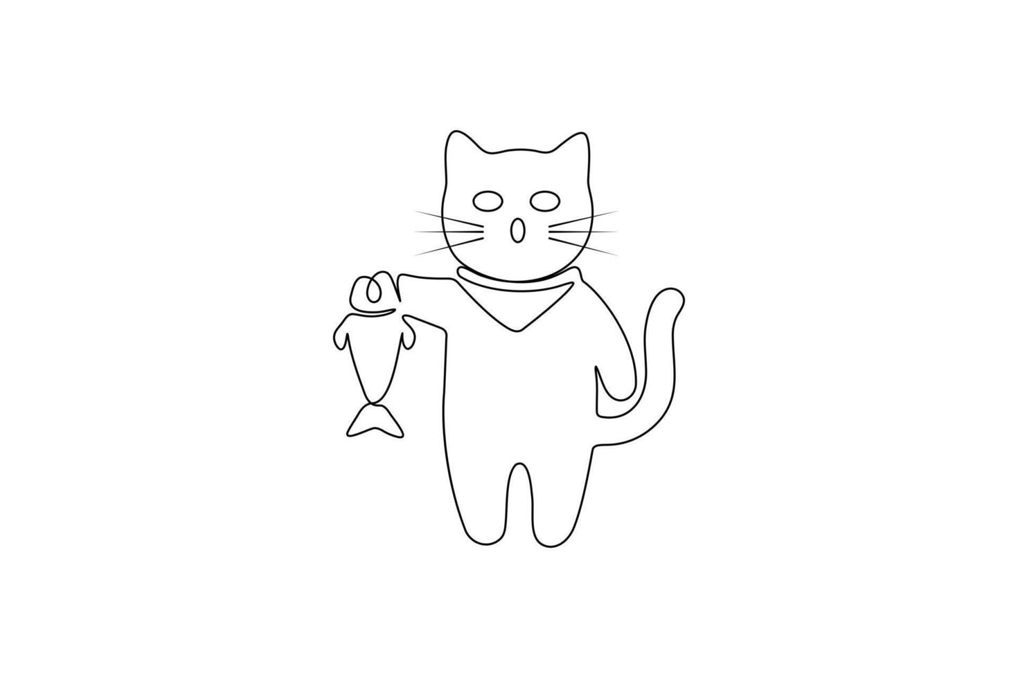 Cat holding a fish in a simple continuous one line drawing on white background vector