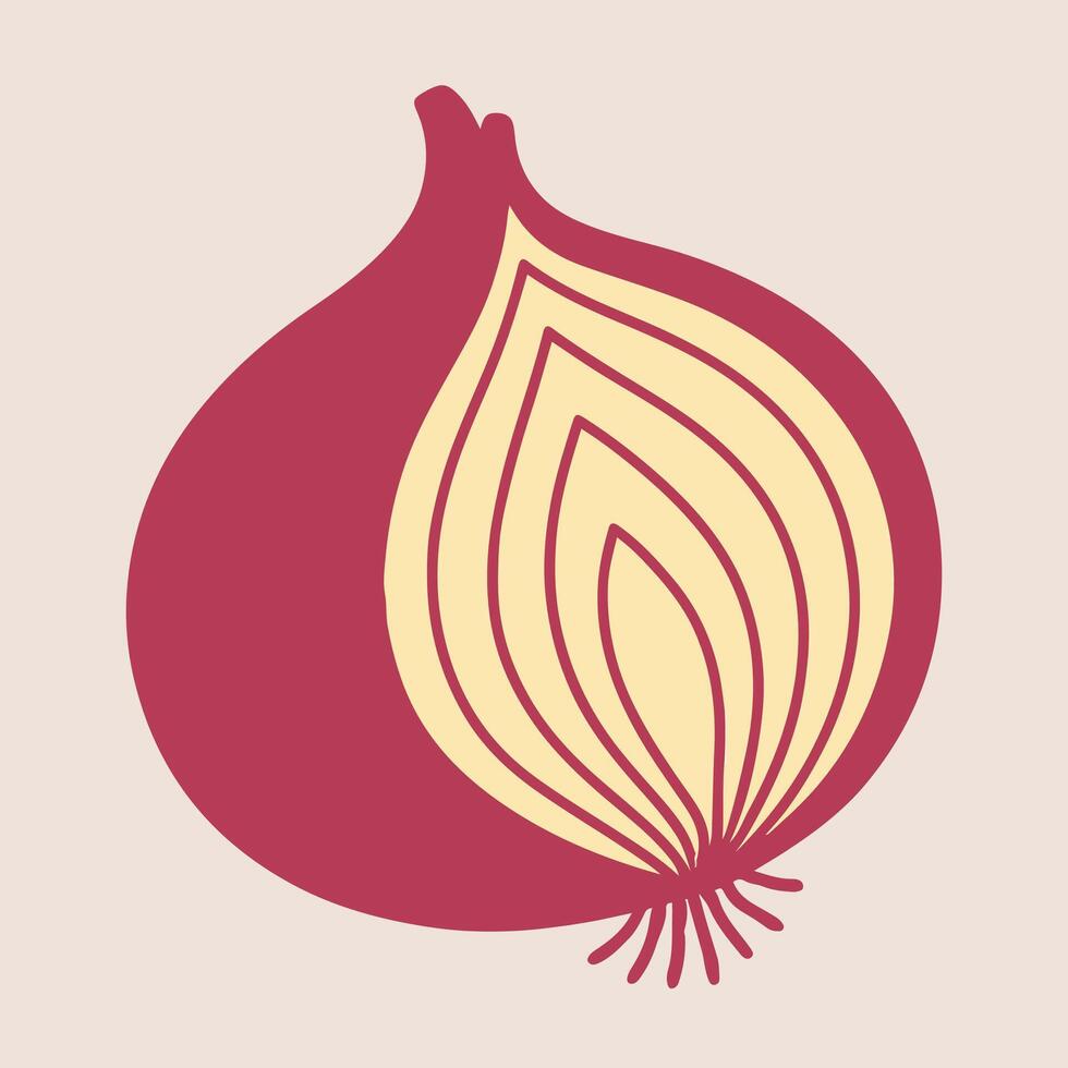 Simple Flat Design Illustration of a Whole and Sliced Red Onion with Cutaway View Isolated on a Neutral Background vector
