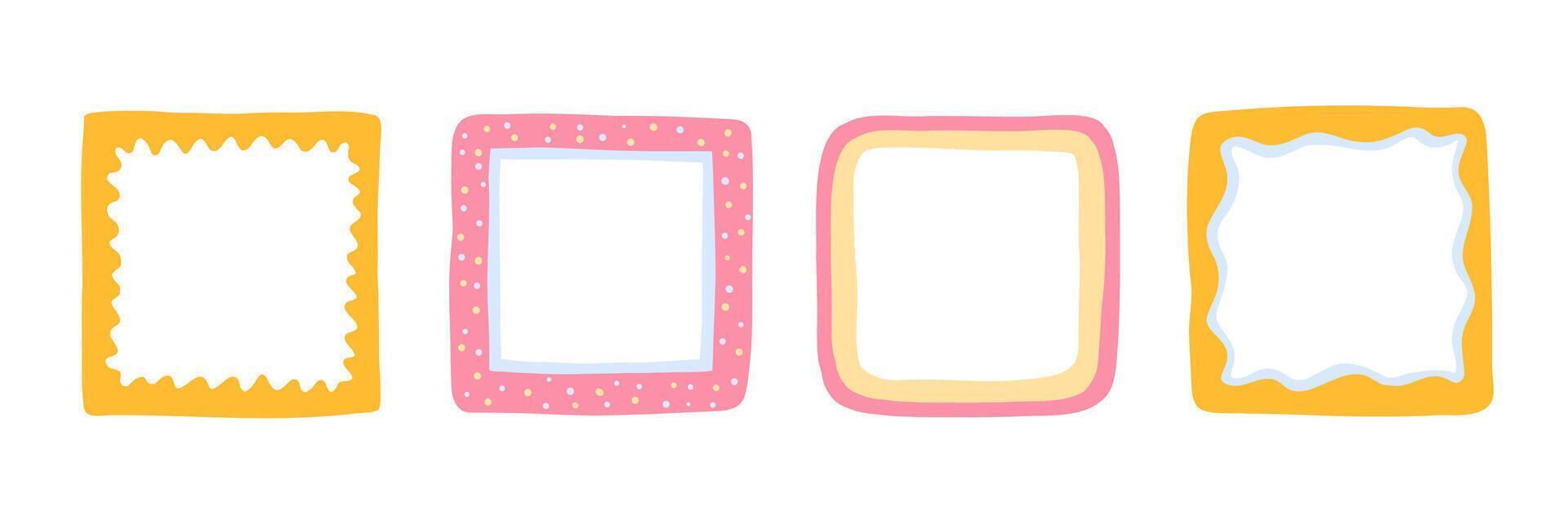 Cute square frames. Squiggle photo borders. Wiggly groovy shapes, funky geometric text box frameworks. vector