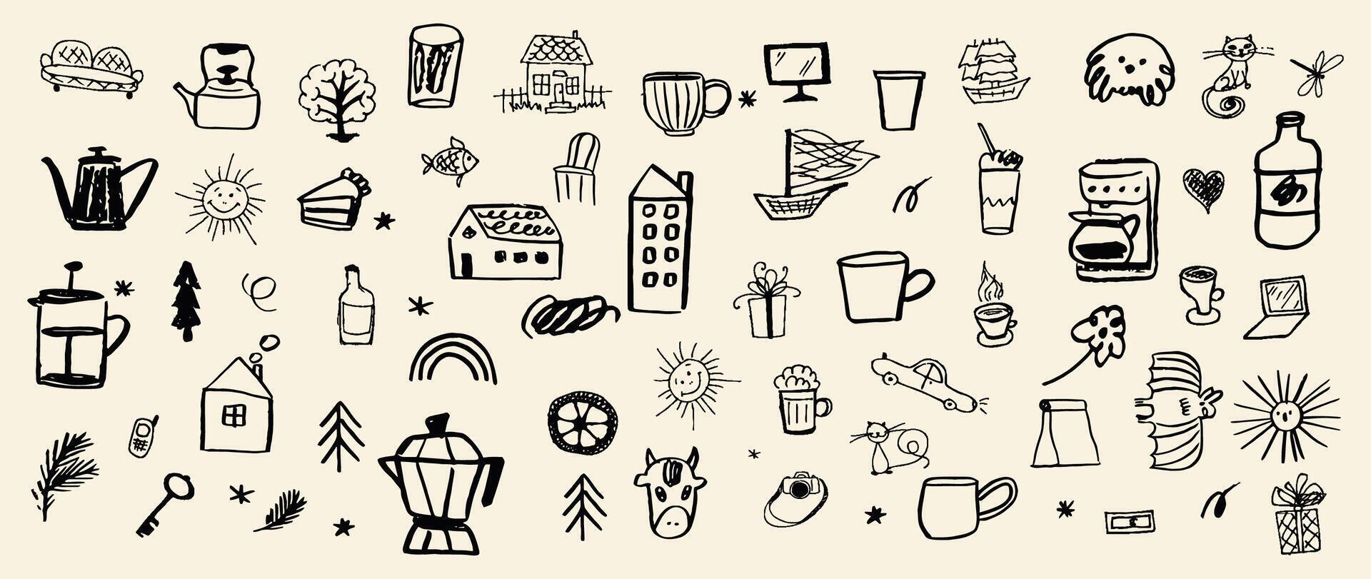 A playful hand-drawn doodle collection featuring everyday objects, home items, nature elements, animals, coffee icons, and whimsical sketches. Perfect for patterns, stickers, branding, journaling vector