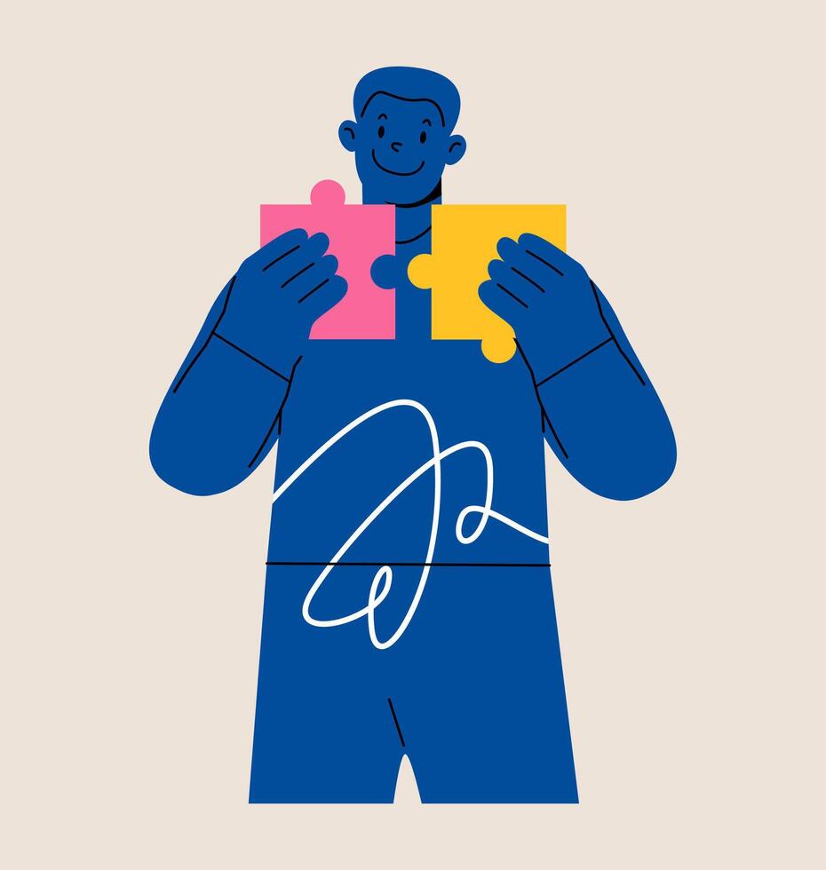 Problem-solving. Man connecting puzzle pieces. Colorful illustration vector