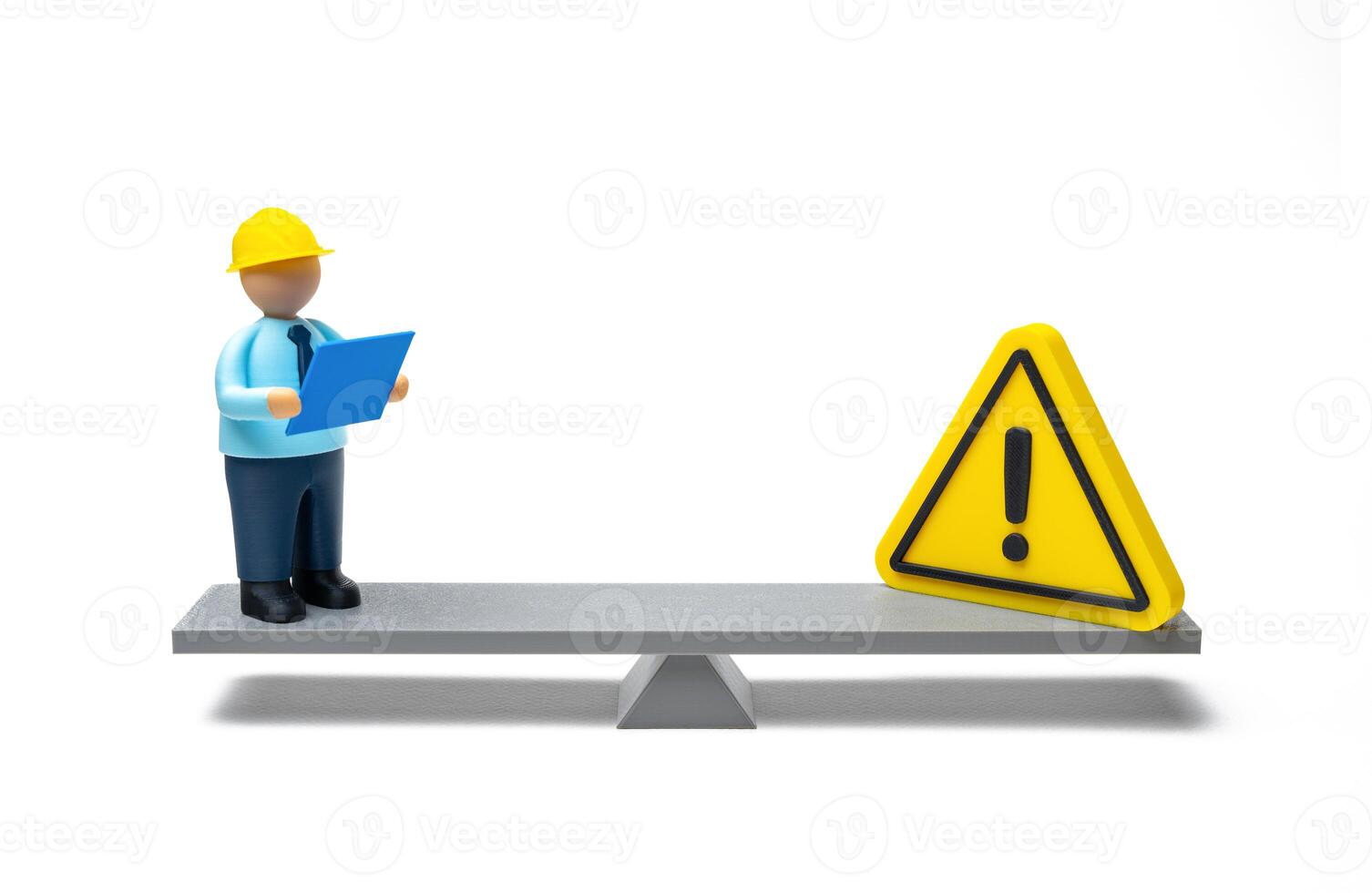A civil engineer and a sign of attention on a scale. Is the engineer qualified to solve the problem. Professional certification, risk assessment, project safety, and engineering responsibility. photo