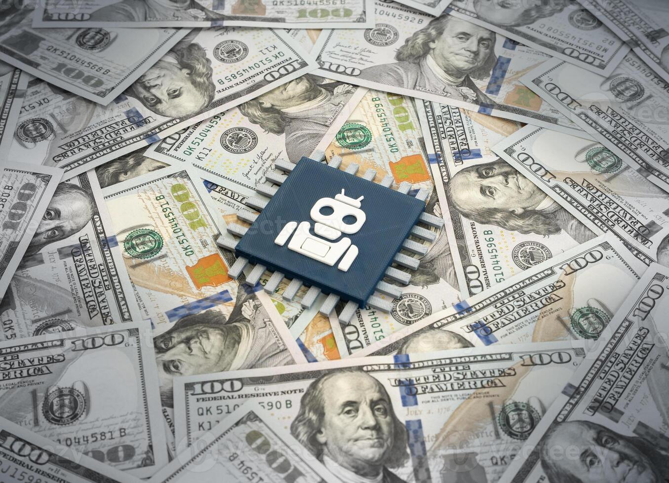 Computer microchip for robotics and AI. Investments, development and sales of advanced microchips. Tech innovation, automation trends, semiconductor industry growth photo