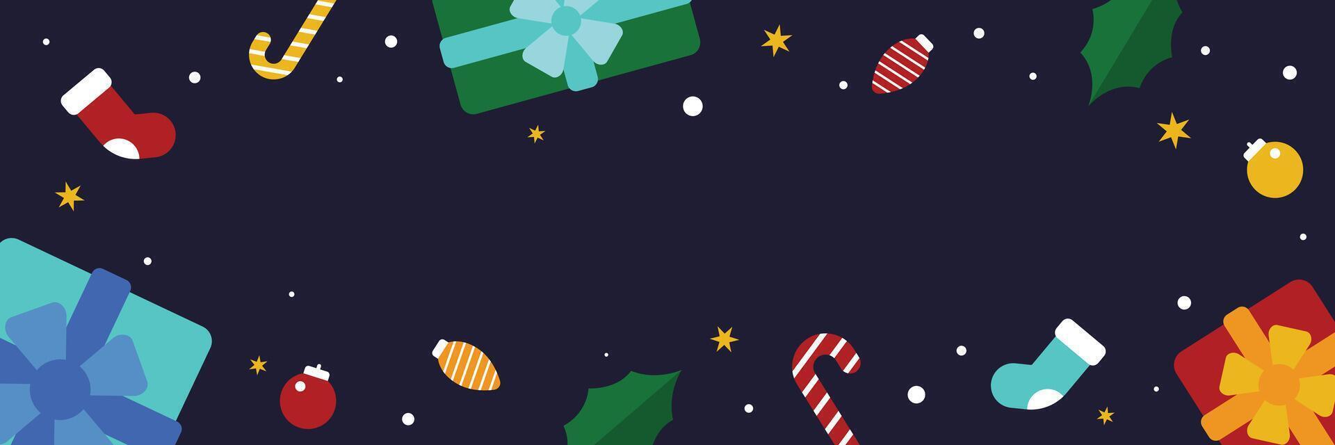 Christmas banner template with border of scattered holiday elements on a dark blue background with copy space for text suitable for promos, digital ads, and greeting cards. vector