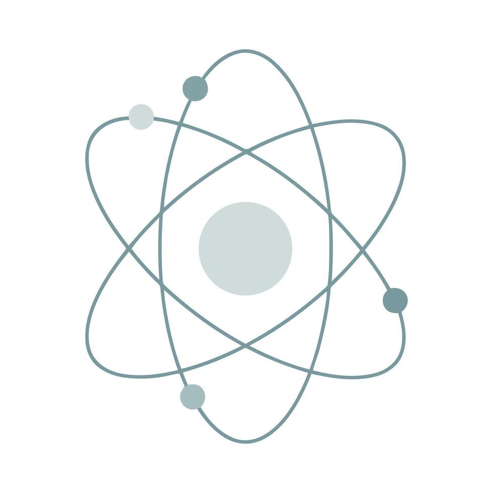 Stylized atom model with orbiting particles, science concept vector