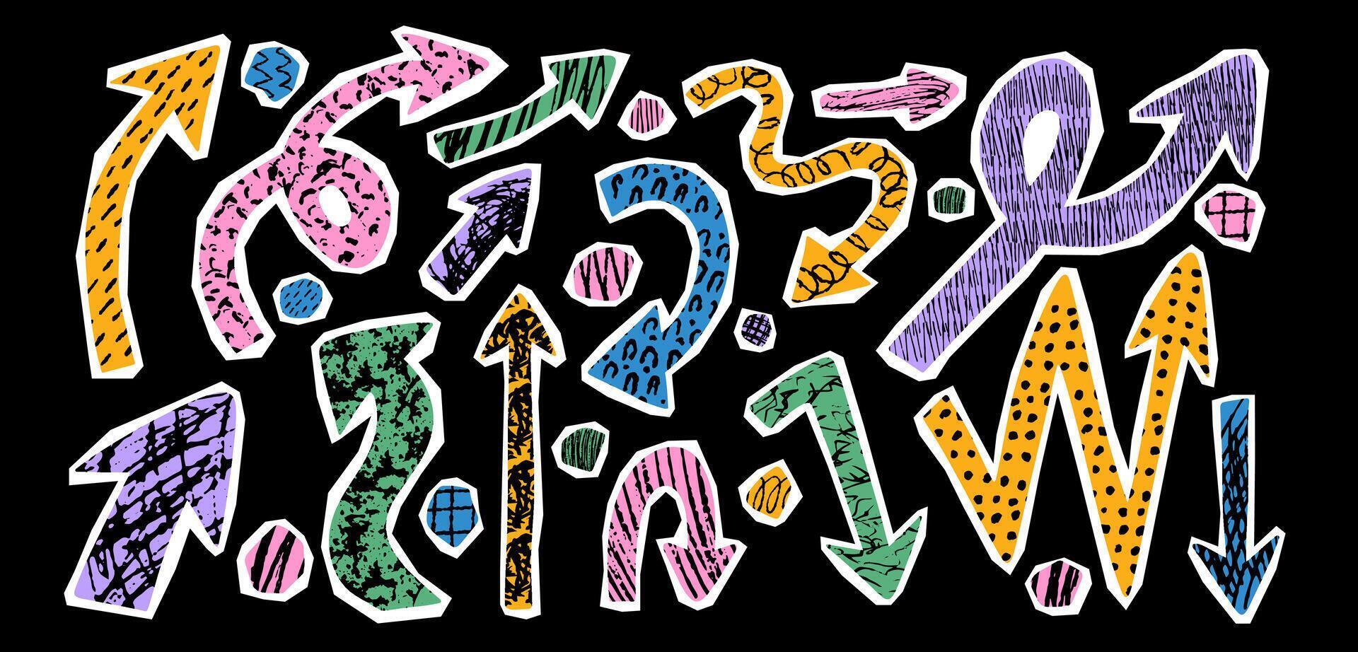 Set of colorful cutout abstract playful arrow. Scribble doodle texture for scrapbook note design. Crayon and charcoal texture on soft paper edges vector