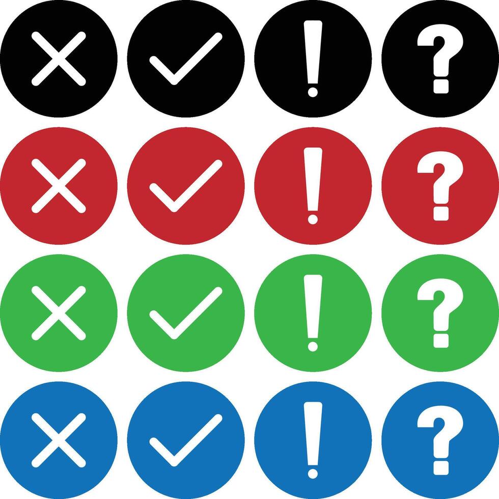 Cross, Check Mark, Exclamation, and Question Mark Circle Icons Collection vector