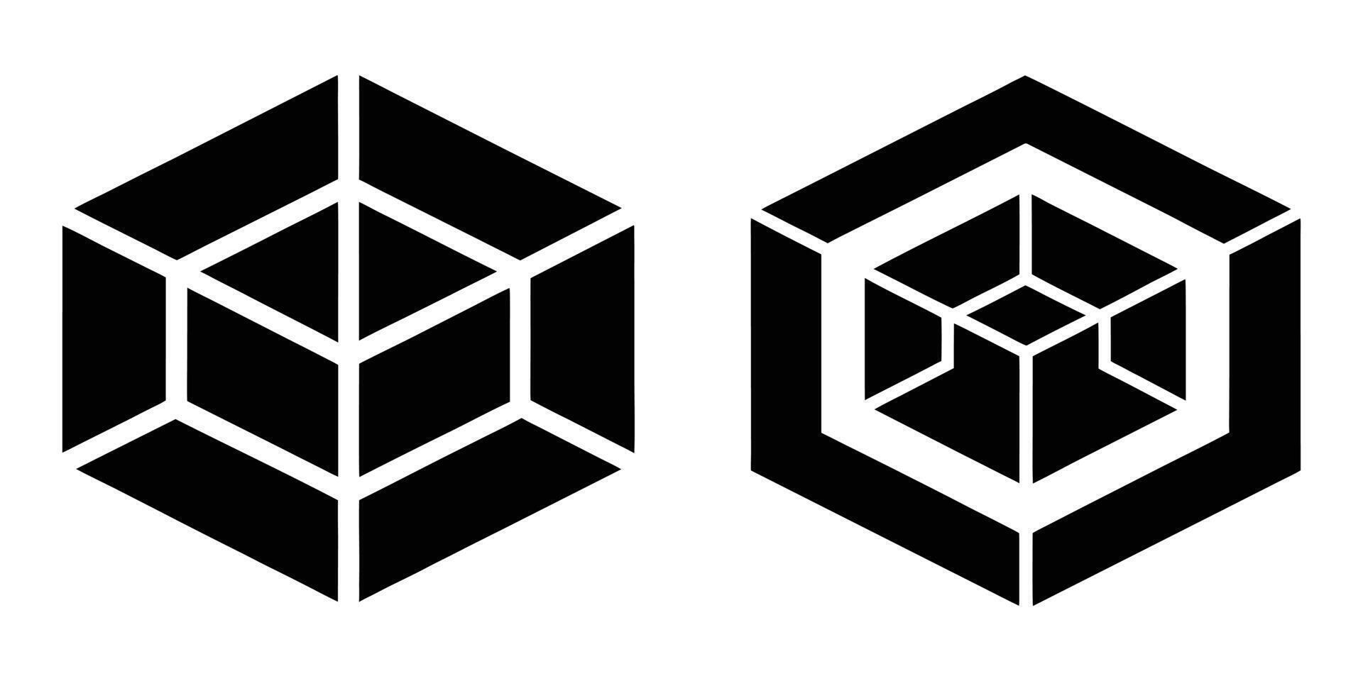 Black and white optical illusion cube icons showing depth perception vector