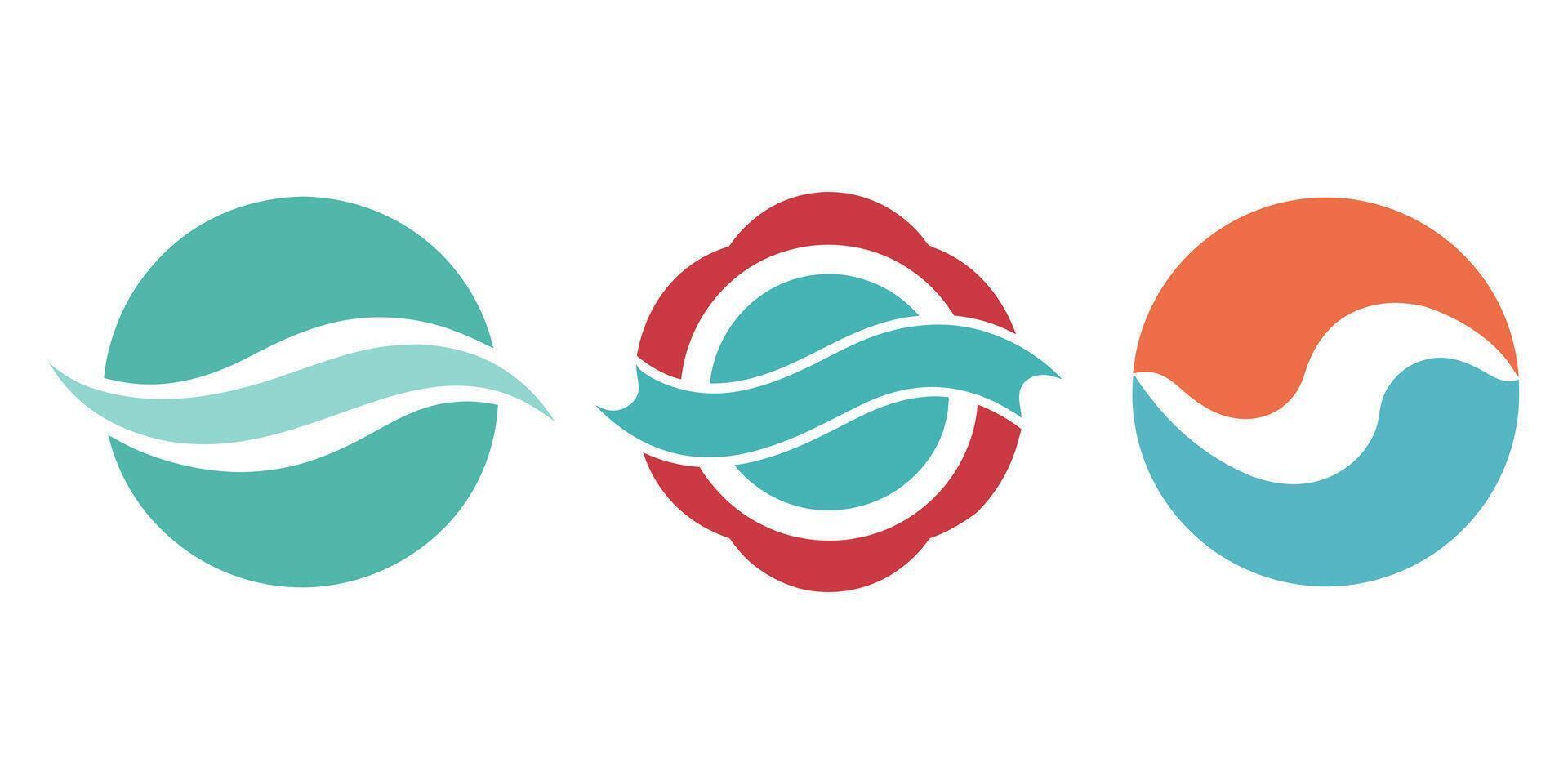 Set of three stylized circular logos with wave or ribbon elements vector