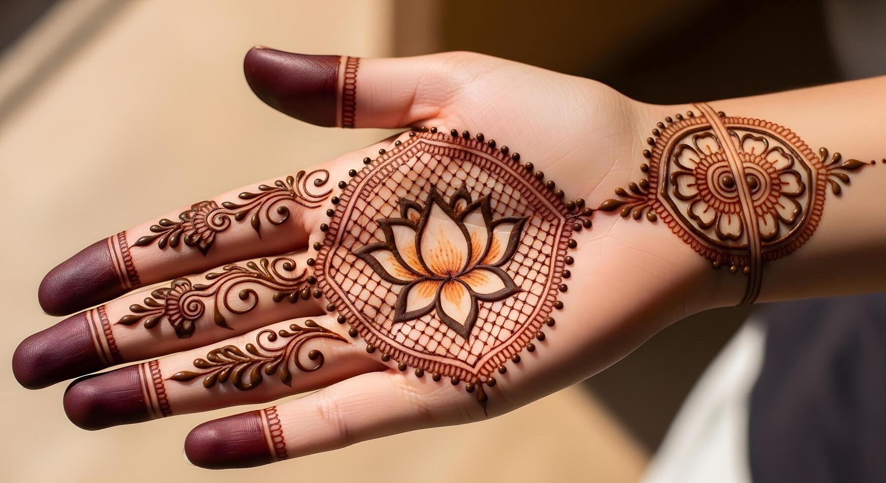Stunning henna design on an open palm, centered around a blooming lotus flower, complementi and flower patterns on fingers and a circular motif on the wrist, with a soft blurred background. photo