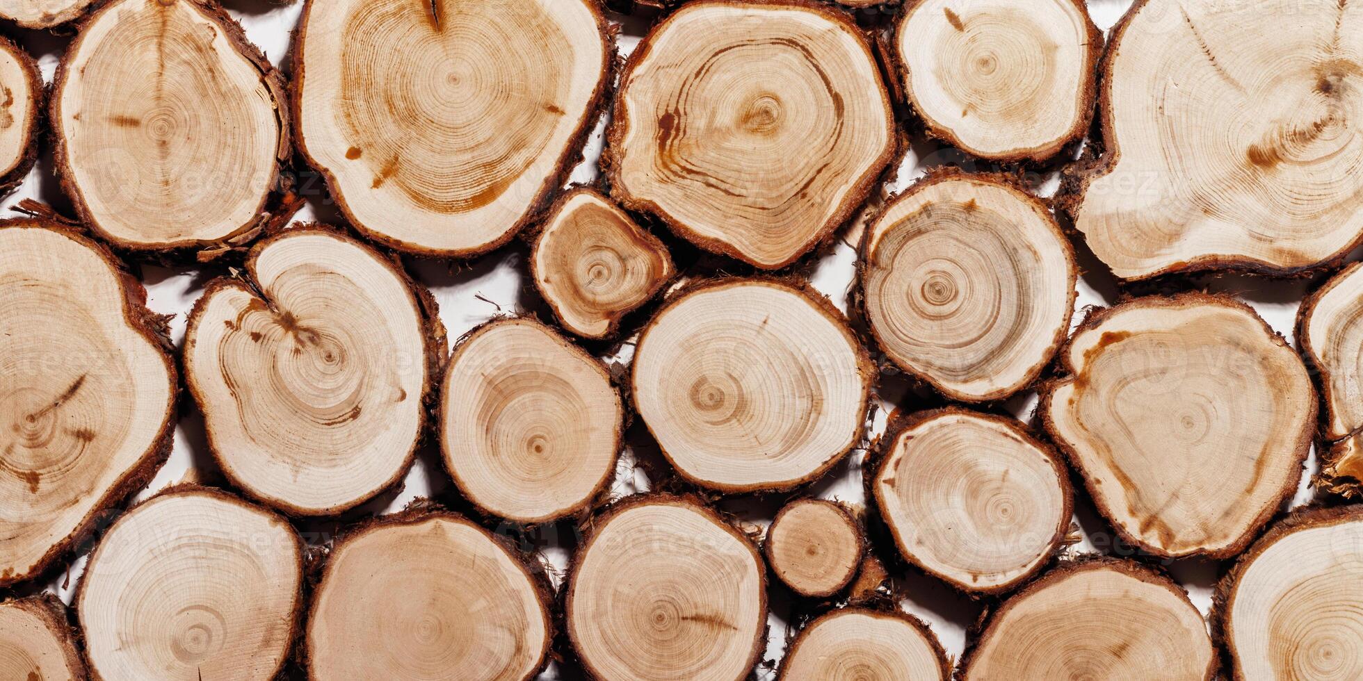 Wooden tree trunk slices with growth rings, arranged in pattern on light background, Closeup of Natural juniper cuts, natural patterns and textures of wood. Nature organic aesthetic banner photo