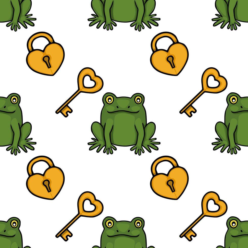 Charming seamless pattern featuring playful green frogs and golden heart shaped locks with keys, perfect for whimsical backgrounds. vector