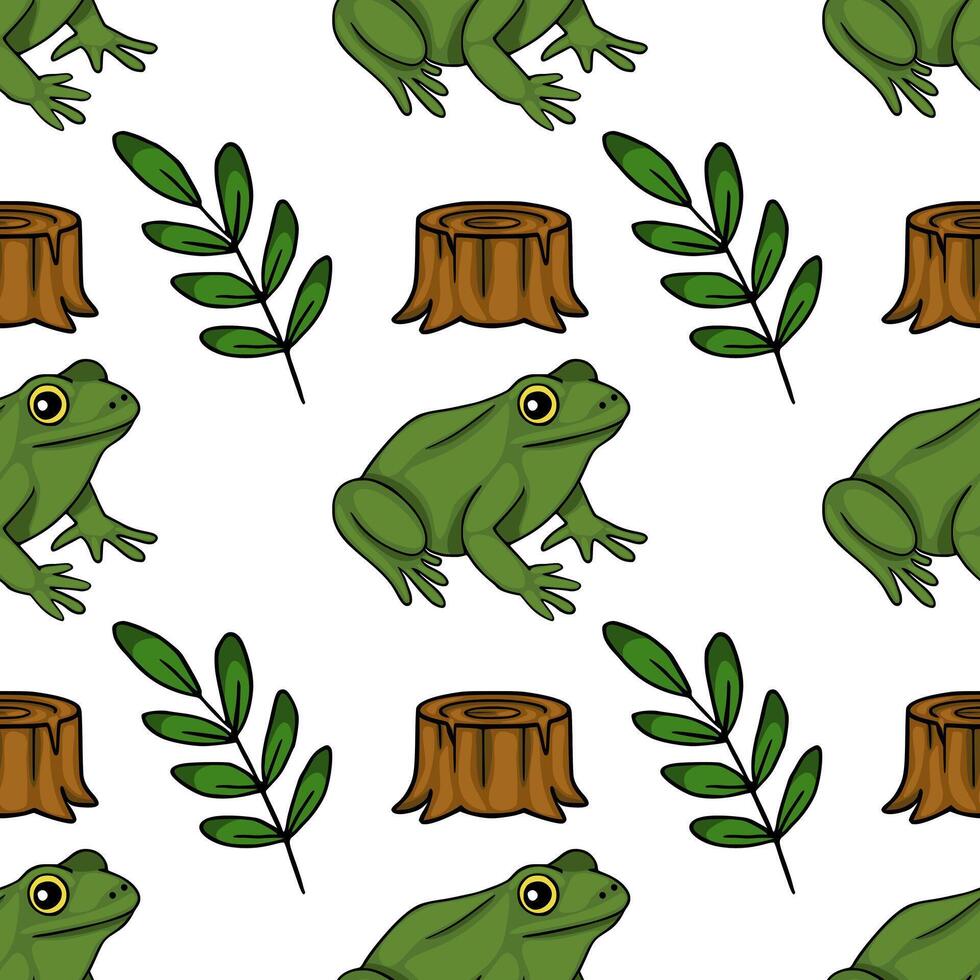 Seamless pattern featuring charming green frogs and rustic tree stumps amidst delicate branches. vector