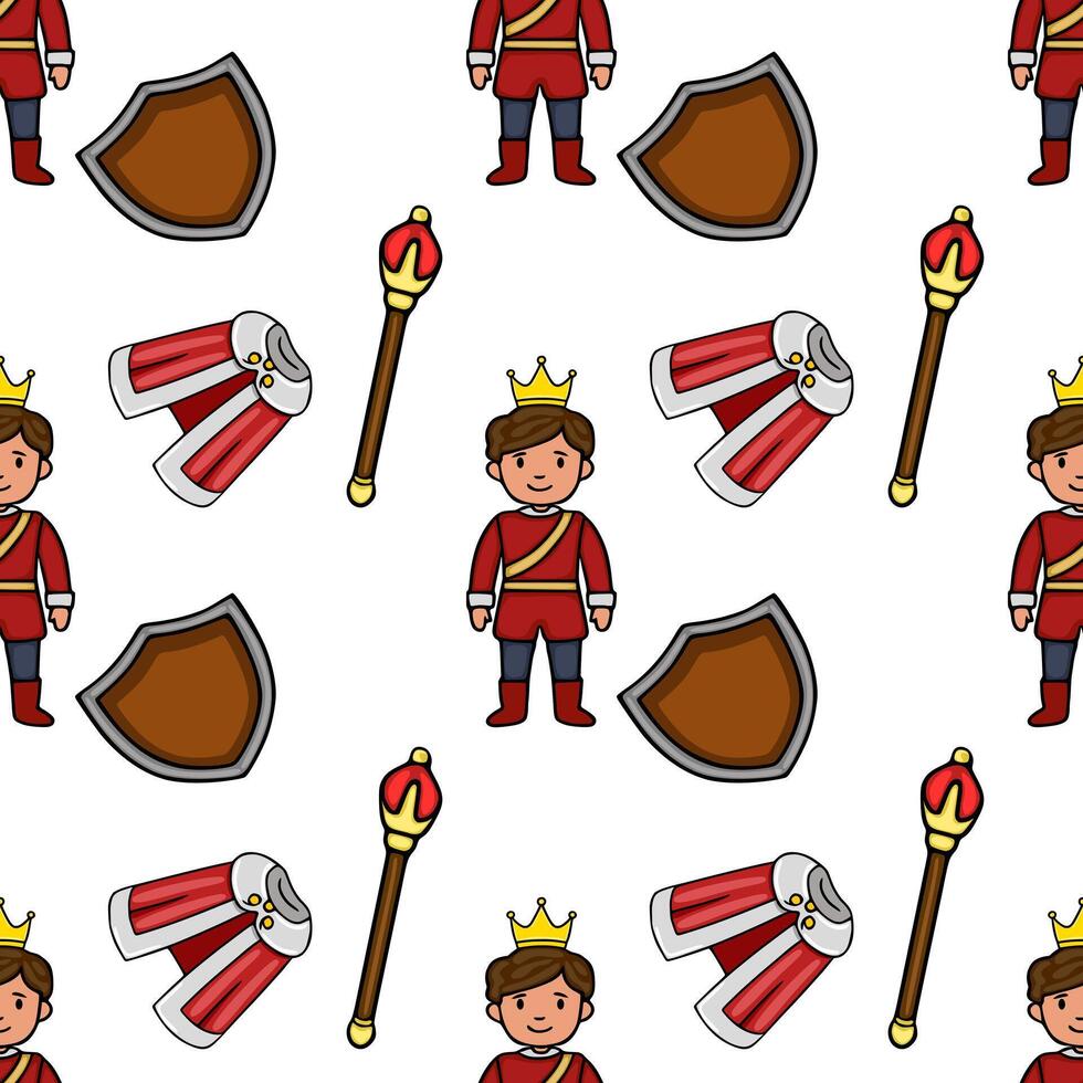 Charming Prince, Shield, Scepter, and Royal Cape Seamless Pattern for Storytelling and Fairytale Themes vector