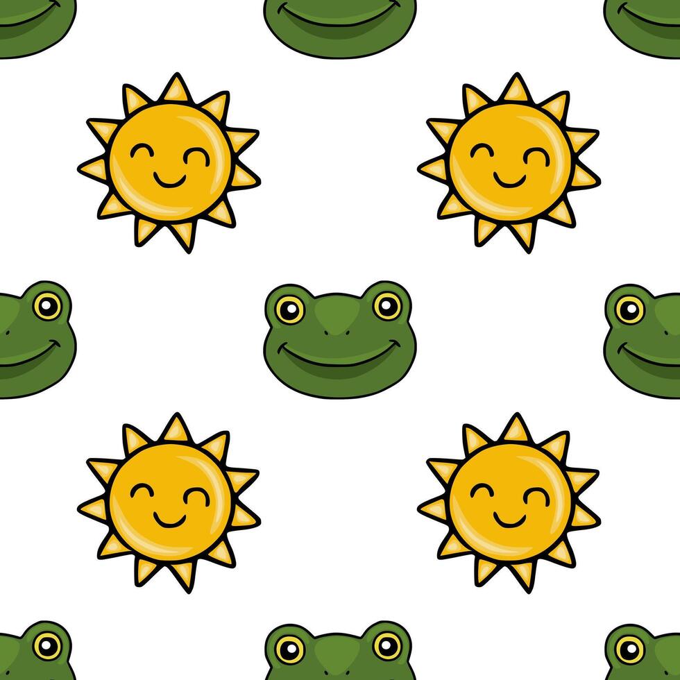 Seamless pattern featuring cute smiling frogs and cheerful suns on a white background. vector