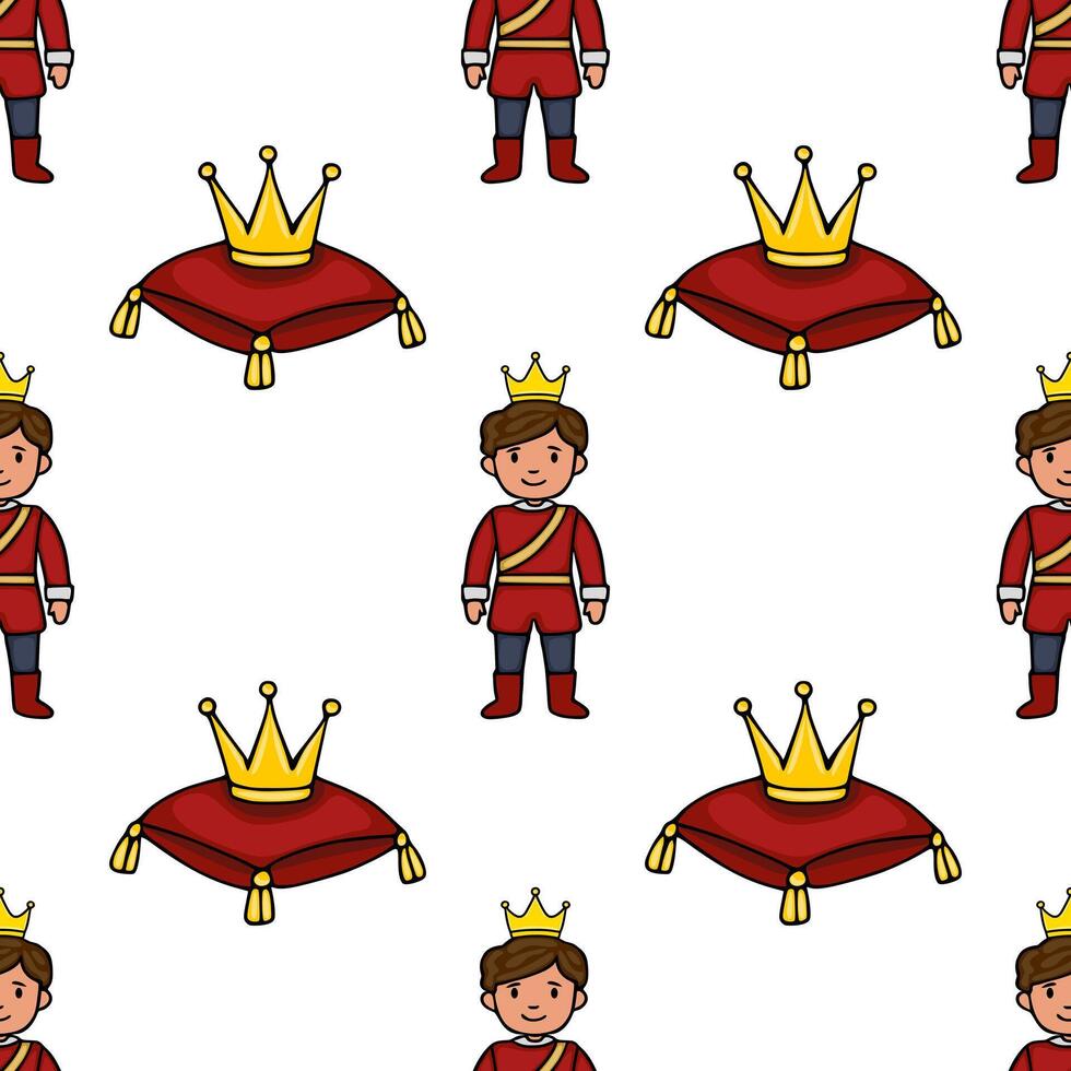 Charming pattern featuring a smiling prince in a red uniform and a golden crown, accompanied by royal red cushions with golden tassels, set against a clean white background. vector