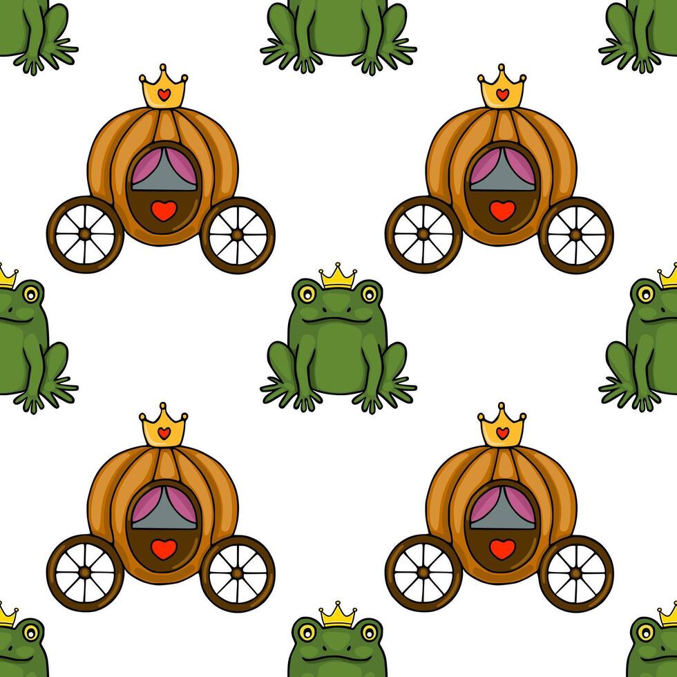 Seamless pattern featuring a charming prince frog in a royal carriage, set against a clean white background. vector