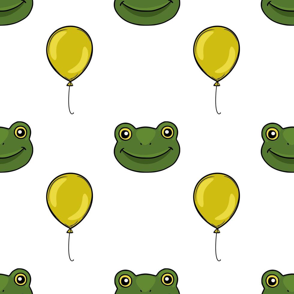 Seamless pattern of cheerful green frogs with yellow balloons, creating a playful and whimsical background. vector