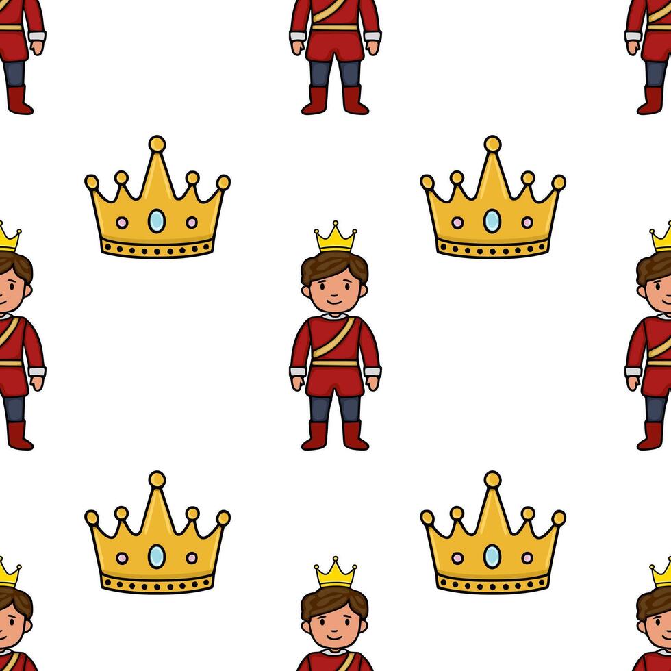 Charming pattern featuring a royal prince in a red uniform and golden crowns, set against a clean white background, perfect for children's themes. vector