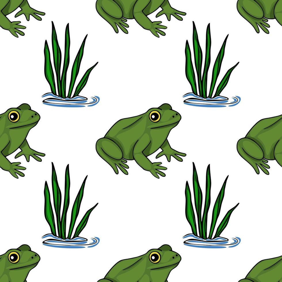 Seamless pattern of green frogs and reeds in water, with a playful and natural cartoon style. vector