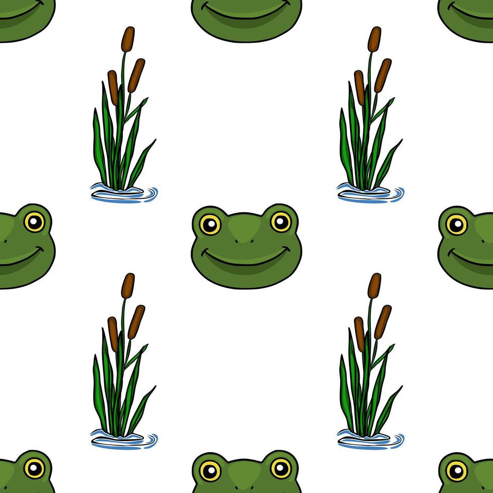 A charming seamless pattern featuring friendly frog faces and cattails in a pond environment. vector