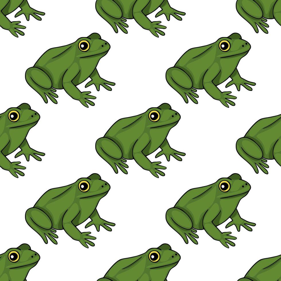 Seamless pattern of stylized green frogs with yellow ringed eyes, presented in a repeating arrangement against a clean white background. vector
