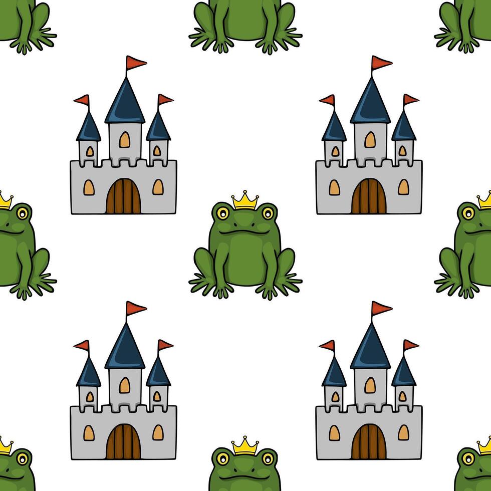 Seamless pattern featuring a whimsical cartoon illustration of a green frog wearing a golden crown, positioned between charming fairytale castles with red flags. vector