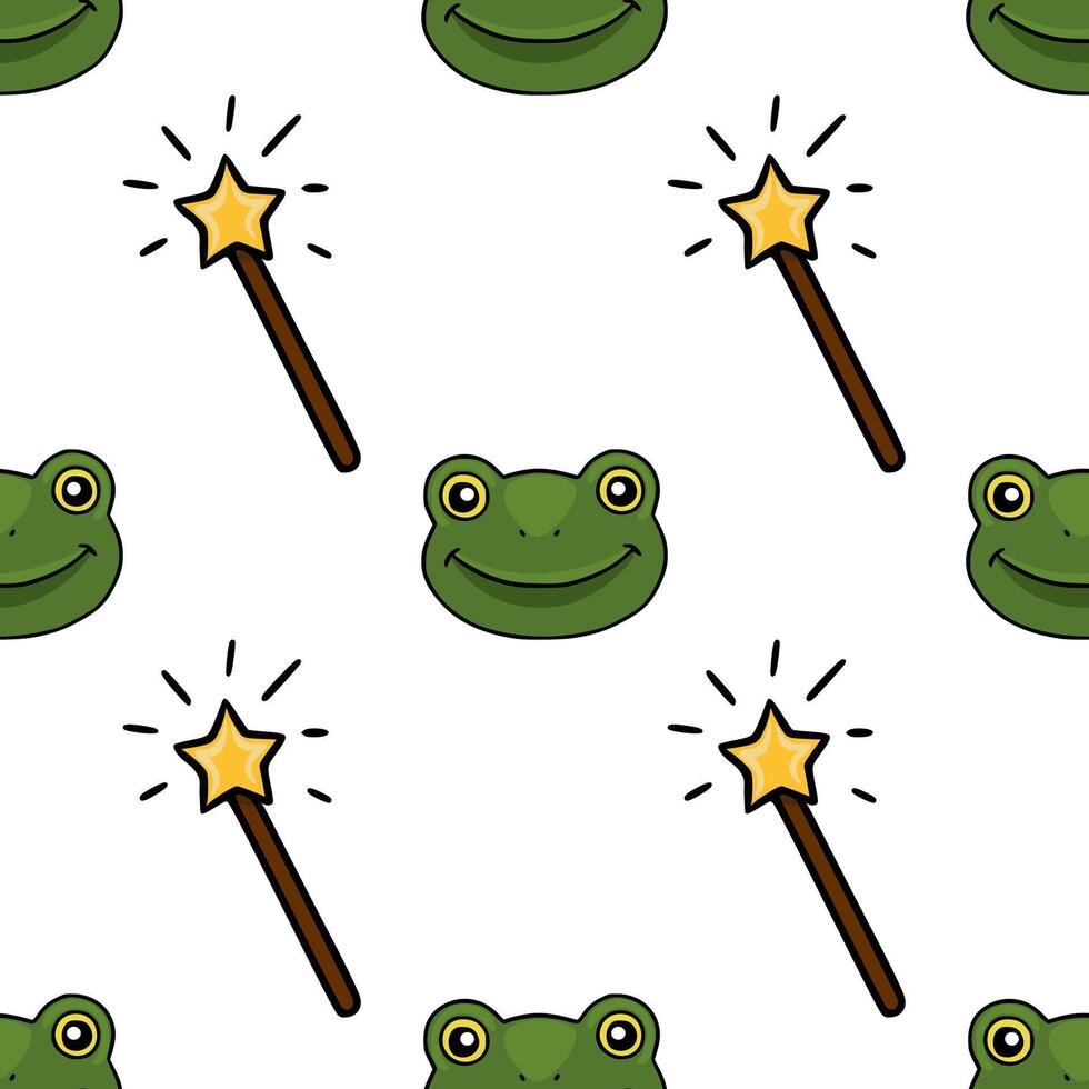 Seamless pattern featuring whimsical green frogs with friendly smiles and sparkling magic wands on a clean white background. vector