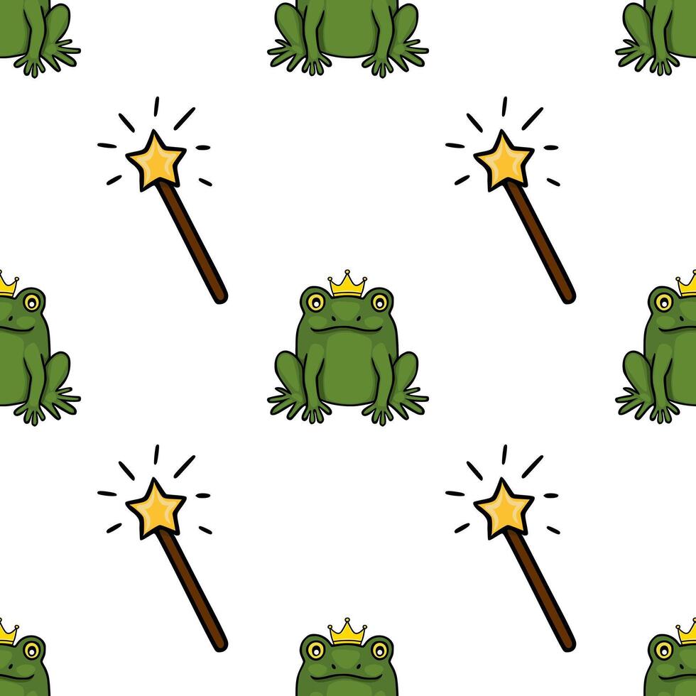 Whimsical seamless pattern featuring a charming frog prince with a golden crown and a sparkling magic wand, set against a clean white background. vector