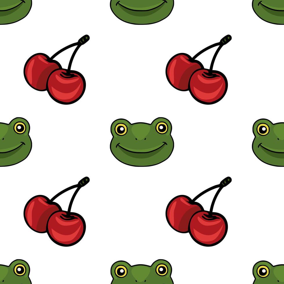 Whimsical pattern featuring smiling green frogs and ripe red cherries on a clean white background, perfect for playful designs. vector