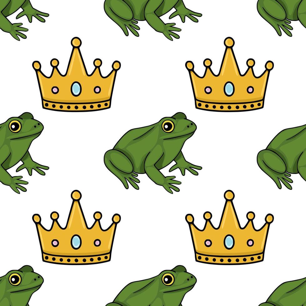 Seamless repeating pattern featuring whimsical green frogs adorned with golden crowns on a clean white background, evoking a fairytale theme. vector