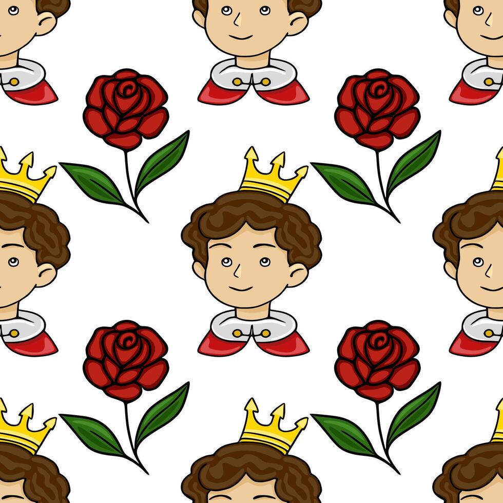 Charming cartoon pattern of a smiling prince with a golden crown and a single red rose, set against a clean white background. vector