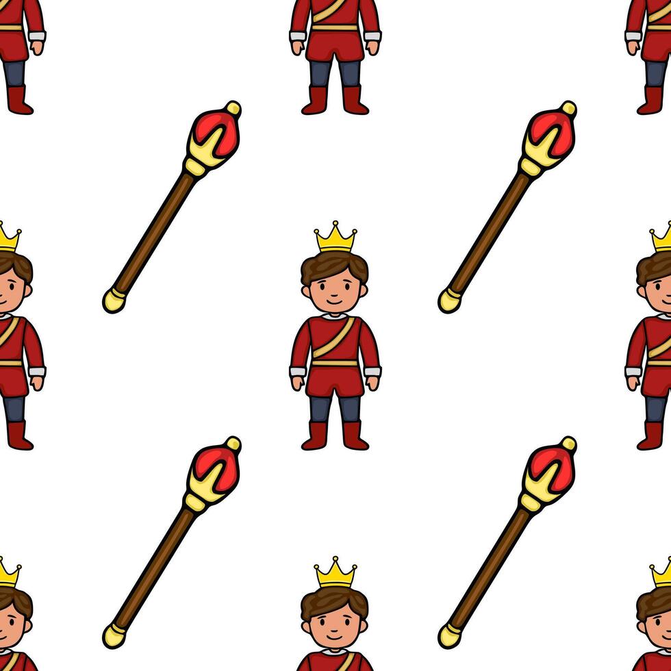 Charming prince and royal scepter seamless repeating pattern with a playful, whimsical aesthetic. vector