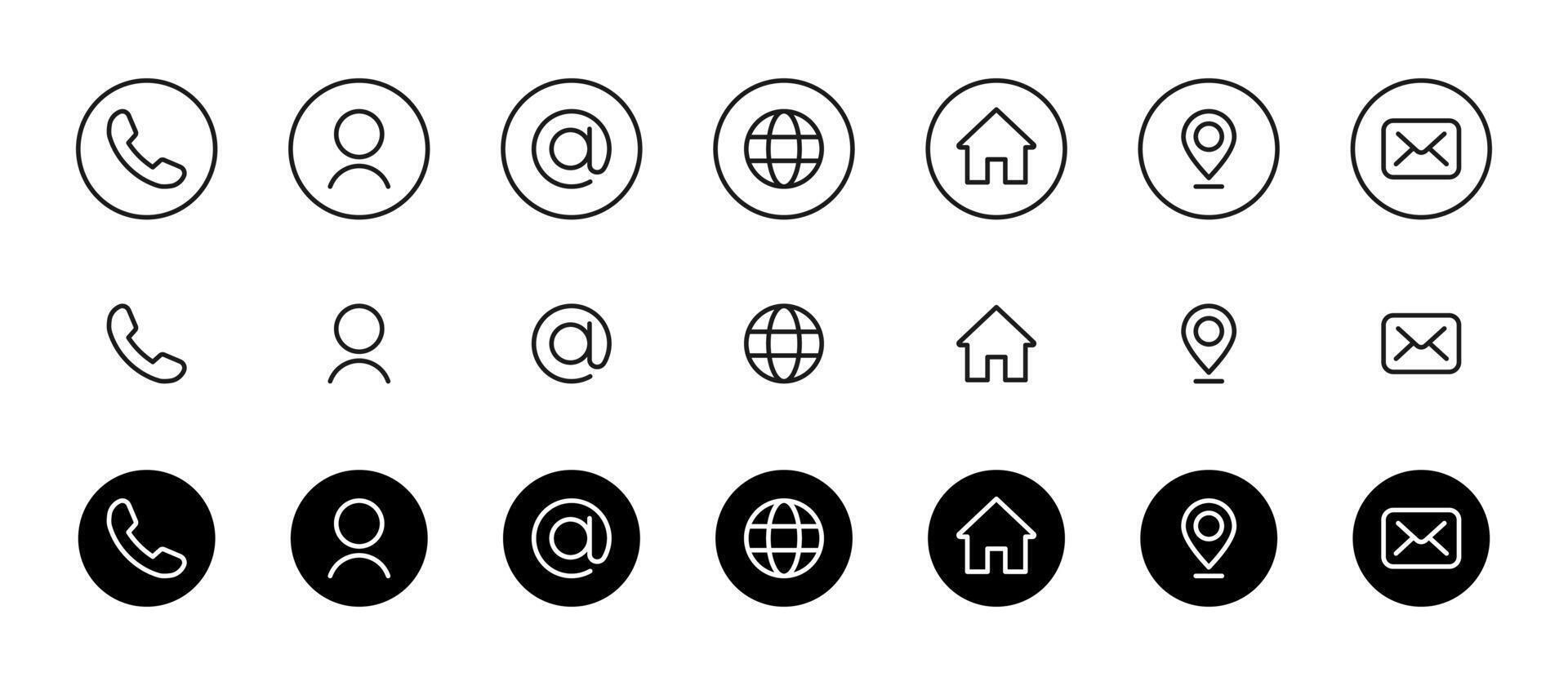 Contact us icon set. Phone, user, mail, home and location elements in minimal outline and solid styles illustration. Web and app interface sign for communication and navigation symbol pictogram vector