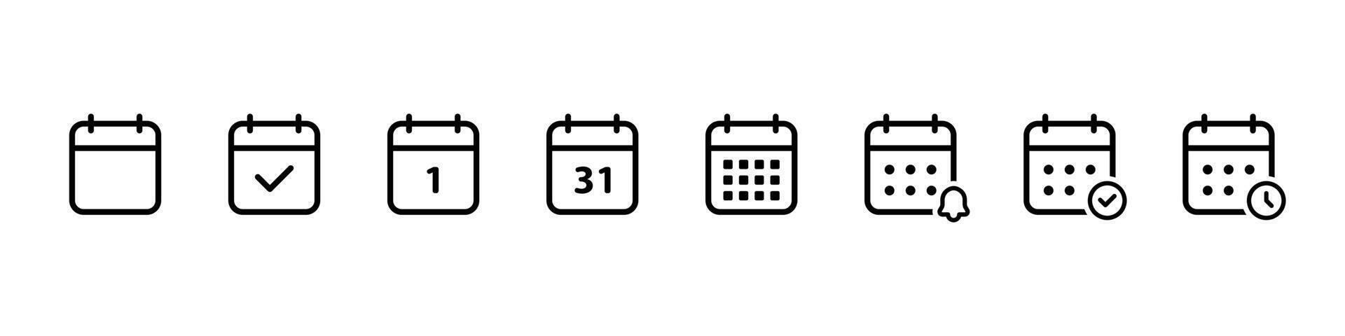 Calendar icon set. Simple month sheet with marked days and reminders illustration. Useful planner element for events sign. Clean schedule layout pictogram concept. vector