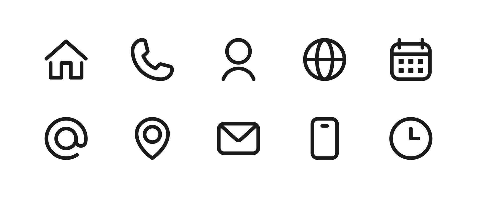Contact icon set. Home, phone, user, globe, email, calendar and location elements form a clean communication illustration. Mobile and message symbol. Interface details sign. vector