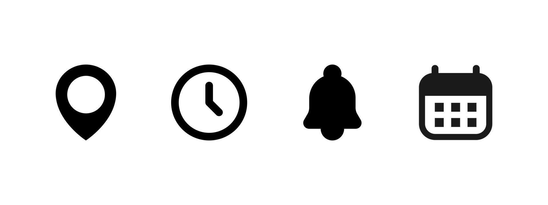 Solid clock, bell and calendar icons for event planning illustration. Reminder and navigation elements symbol. Schedule and date management sign. Modern interface concept. vector