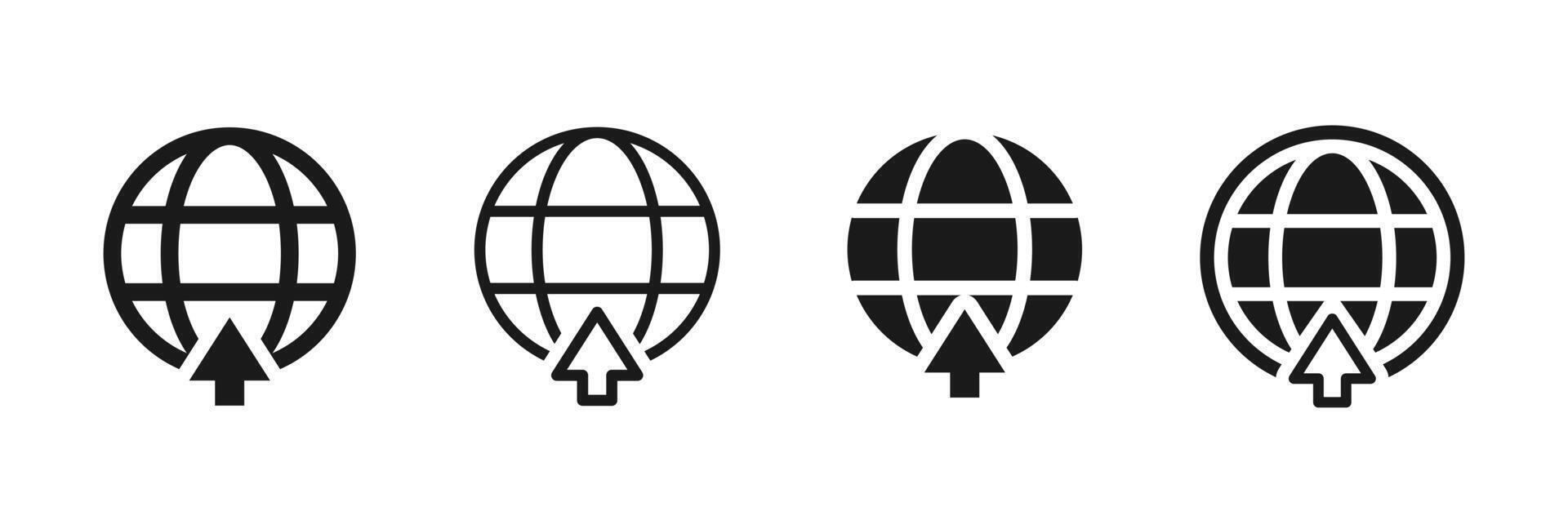 Upload icon. Globe with upward arrow showing data transfer symbol. Web world send sign for global file sharing concept pictogram. vector