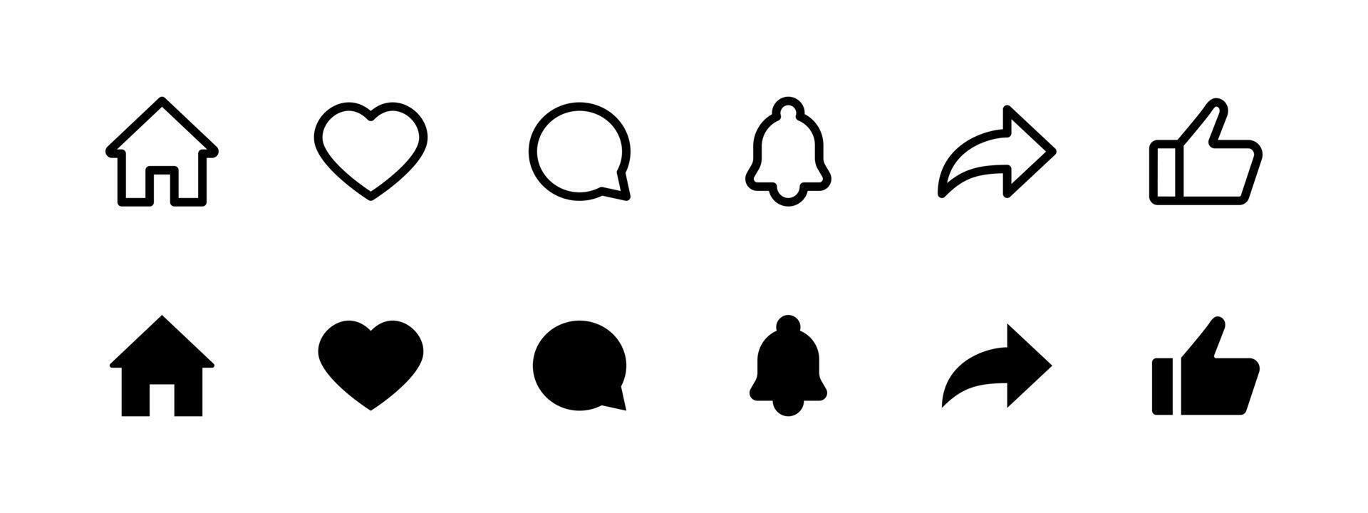 UI interface icon set. Home, heart, chat, bell, share and like illustration. Clean outline and solid styles for apps symbol. Minimal interface elements for communication sign. vector