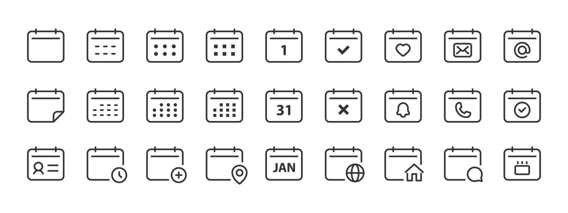 Calendar icon. Date planner with reminder marks and monthly grid for schedule usage. Useful event overview for office tasks symbol. Clean outline set for UI sign. Modern planning pictogram. vector