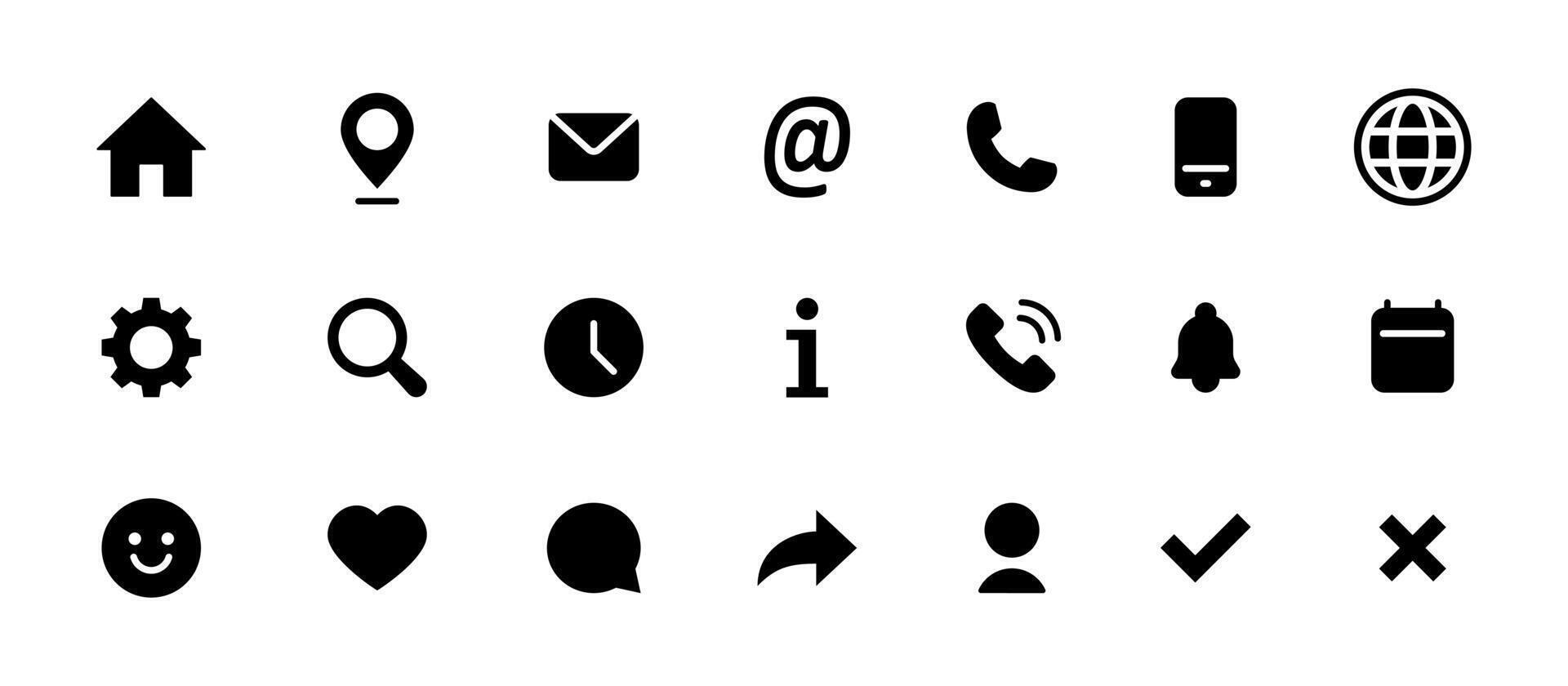 Solid UI icon set. Home, phone, mail, user, chat, settings and other black interface glyphs in clean solid style illustration. Black web and mobile navigation tools sign for apps and websites. vector